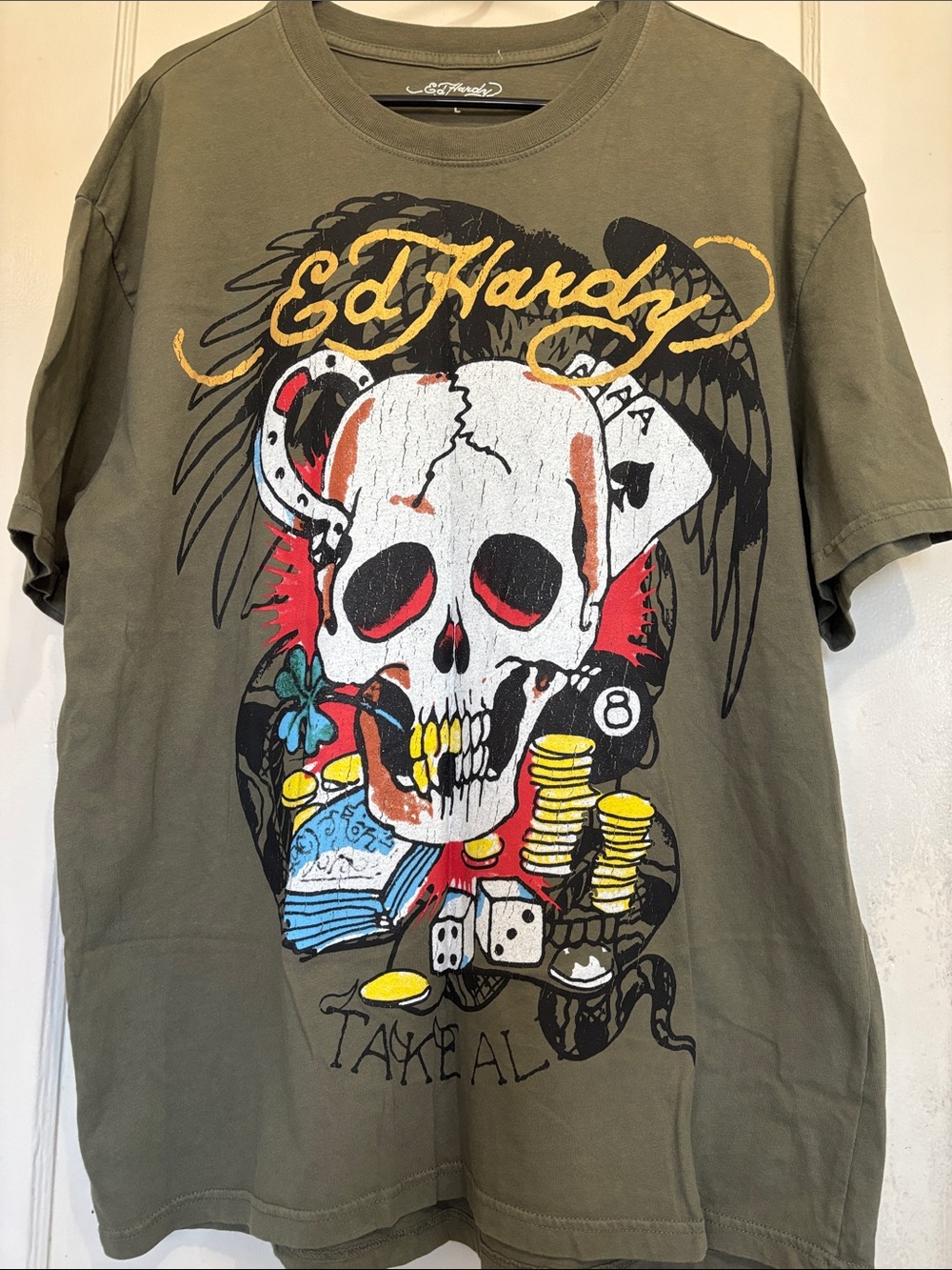 Ed Hardy Men’s Olive Graphic Skull Poker Tee with Yellow Script -Used